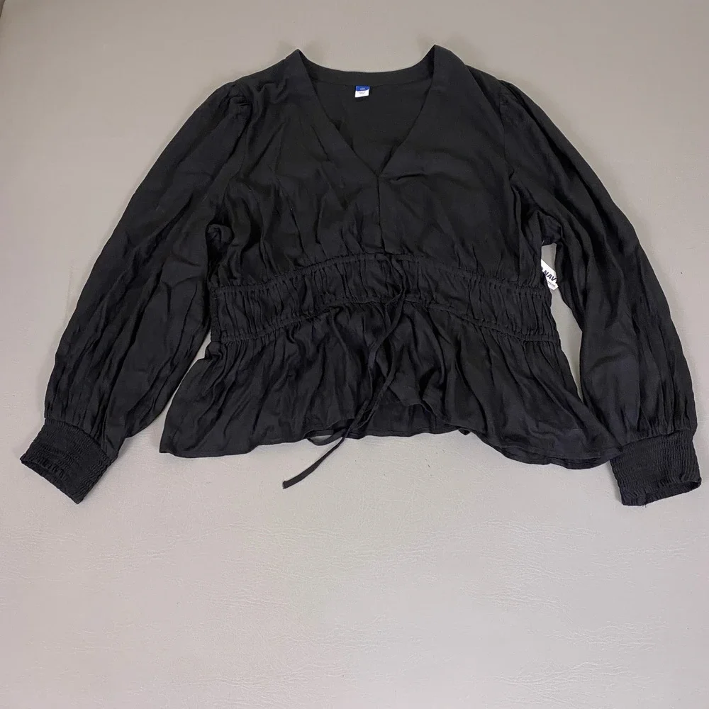 Old Navy Blouse Top Women's XXL Black Smocked V-Neck Puff Sleeve Peplum New NWT